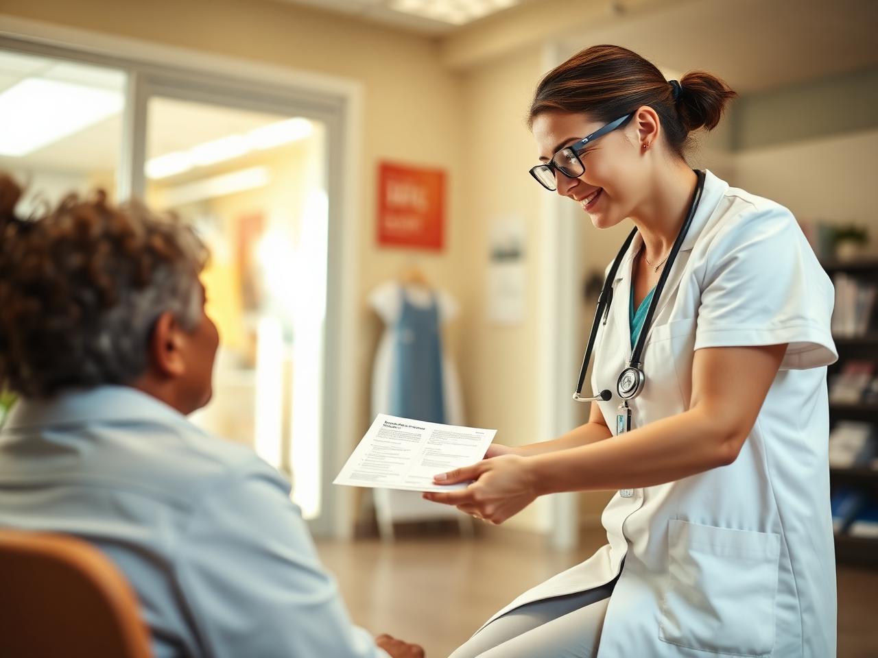 Nurse practitioner handing a patient education handout to a seated patient